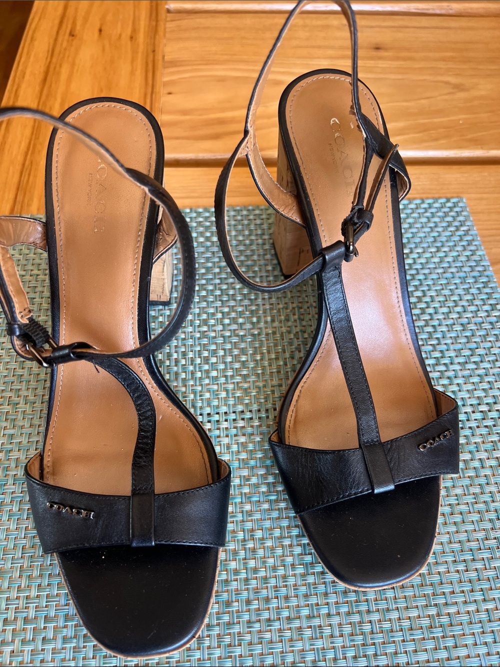 Coach Black Leather T-Strap Block Heel Sandals